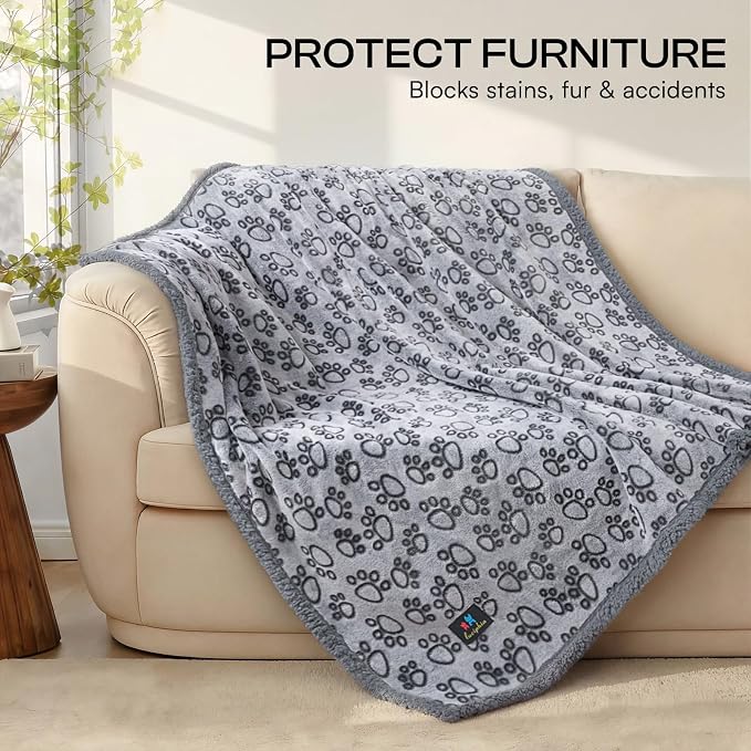 Luciphia Waterproof Dog Blanket Reversible Sherpa Fleece for Small Dogs Cat | Soft Print Pet Blanket Washable Pee Proof, Furniture Protector for Couch Sofa Bed Car, Cozy Throw (40" x 28", Grey)