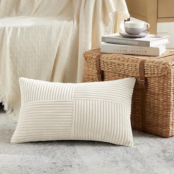 Fancy Homi Cream Lumbar Decorative Throw Pillow Covers 16x32 Inch for Living Room Couch Bed Sofa, Rustic Farmhouse Boho Home Decor, Soft Striped Corduroy Rectangle Accent Cushion Case 40x80 cm
