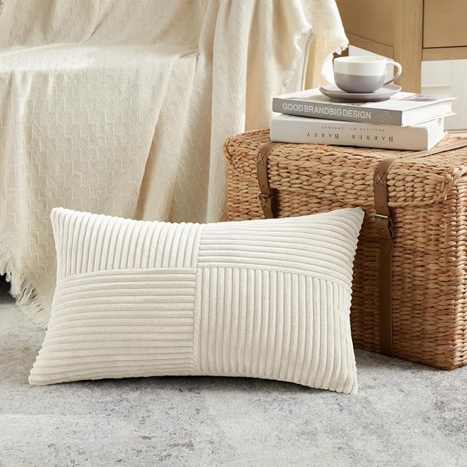 Fancy Homi Cream Lumbar Decorative Throw Pillow Covers 26x16 Inch for Living Room Couch Bed Sofa, Rustic Farmhouse Boho Home Decor, Soft Striped Corduroy Rectangle Accent Cushion Case 40x65 cm