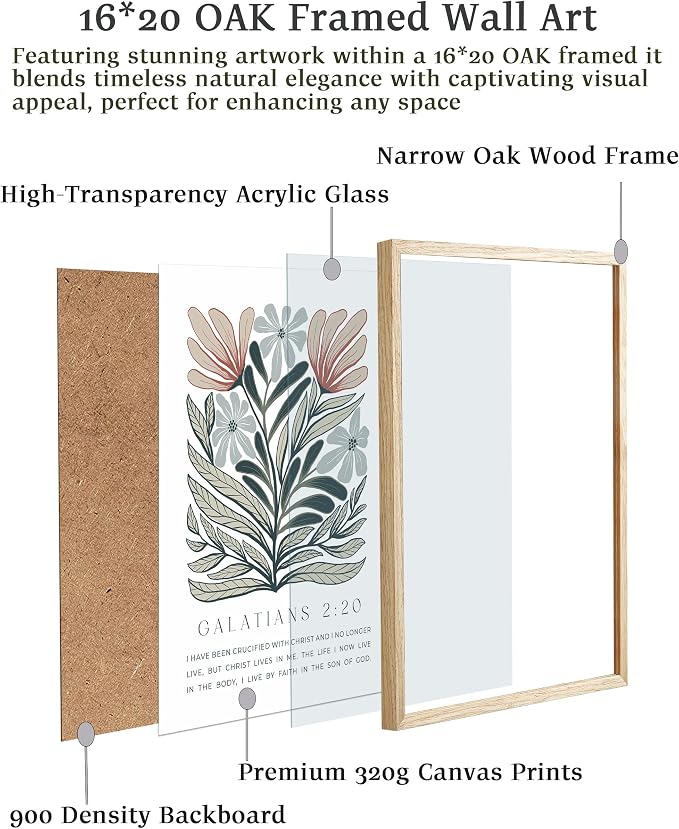 EcoHest 16x20 in Galatians 2:20 Abstract Floral Framed Christian Wall Art | Solid Oak Wood Frame with Canvas Wall Art, Boho Scripture Bible Verse Decor for Bedroom, Living Room, Office, Church, 1Pack