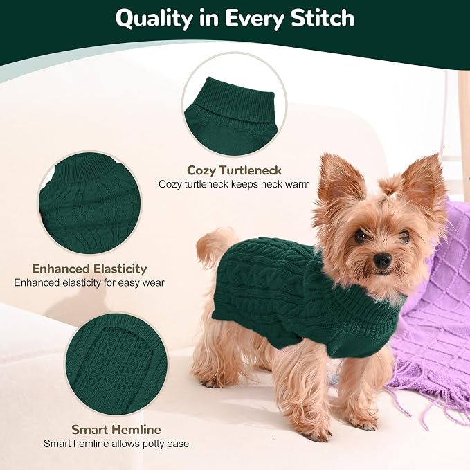 Dog Sweater 2 Pack for Small Dogs, Size XS, Green & Brown | Stretchy cable knit turtleneck, machine washable, high belly cut, comfy winter fit for Chihuahua, Yorkie