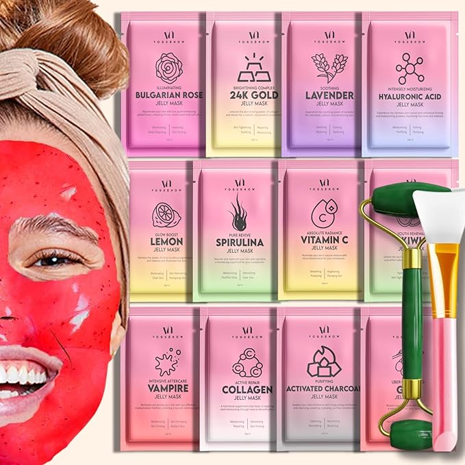 Jelly Mask for Facials - 12 Flavors Hydrating & Brightening Jelly Face Masks | Free Jade Roller & Spatula | Bulgarian Rose, Lavender, Hyaluronic Acid, 24K Gold face mask skin care |Vajacial Jelly Mask