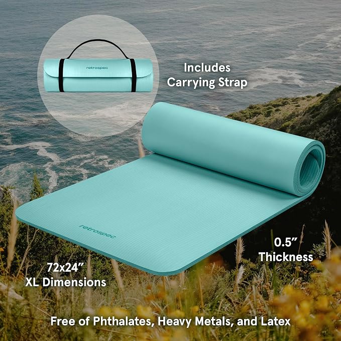 Retrospec Solana Yoga Mat Thick 1/2in Non-Slip Workout Mat with Nylon Strap - 72x24in Exercise Mat for Pilates, Stretching & Fitness - BPA Free, Easy Clean