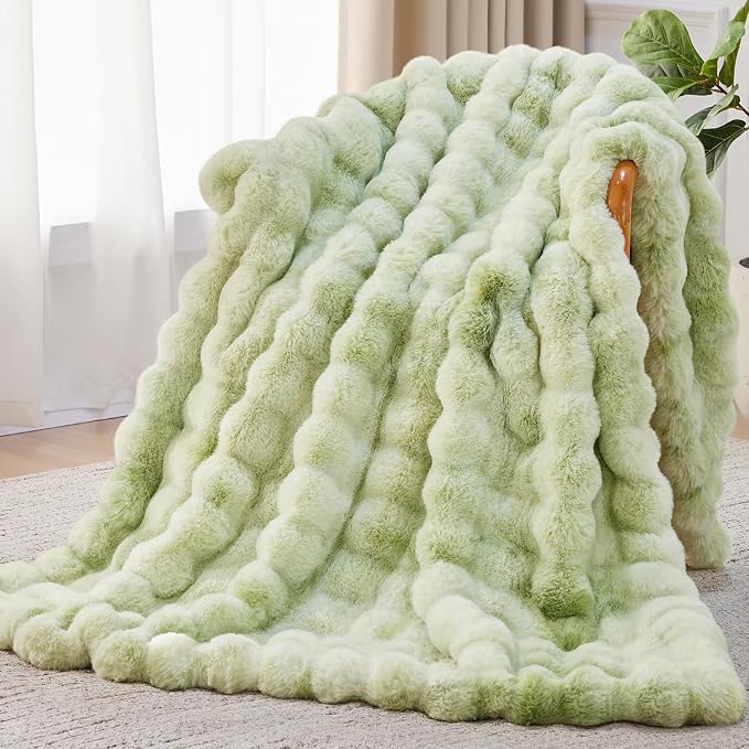 Anysay Faux Fur Throw Blanket, 1000GSM Fluffy Soft Bubble Blanket 50''*60'' | Cozy Plush Warm and Thick Blanket for Couch Bed, Fuzzy Rabbit Throw for Living Room Bedroom Tie-dye Green