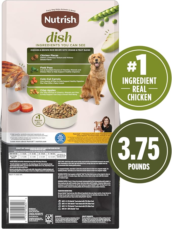 Nutrish Dish Dry Dog Food, Chicken Recipe, 3.75 lb. Bag (Rachael Ray) | Made with Dried Peas, Carrots & Apples And Contains No Added Corn, Wheat, Soy or Gluten Ingredients
