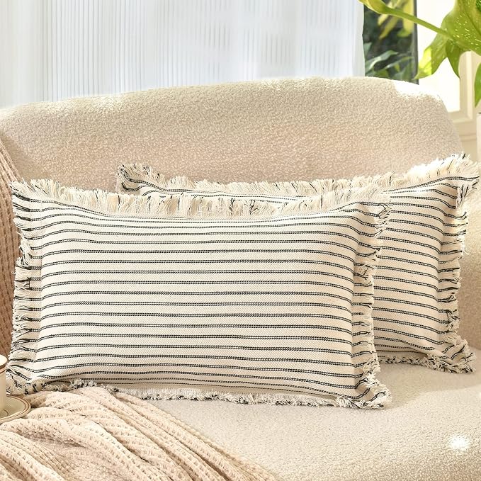 Throw Pillow Covers 12x20 Set of 2 Striped Pillow Covers with Fringe Chic Cotton Decorative Pillows Square Cushion Covers for Sofa Couch Bed Living Room Farmhouse Decor, (Black)