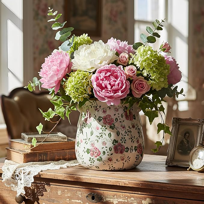Ceramic Scroll Planter 6.5 Inch Chinoiserie Floral Vase with Drainage Holes Vintage Flower Vase Flower Pot Rustic Ceramic Pots for Indoor Plants Garden Home Bookshelf Decor (Red Plum)