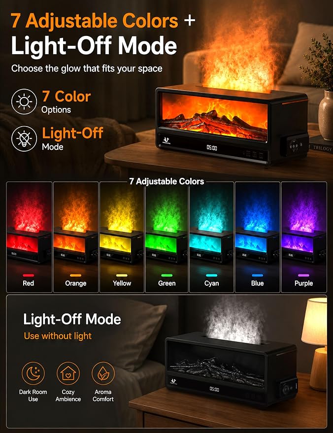 Essential Oil Diffuser for Bedroom, 250ml Aromatherapy Diffuser with Flame Effect, Remote Control, 7 Color LED Lights, Quiet Mist for Home Office and Living Room (Black)