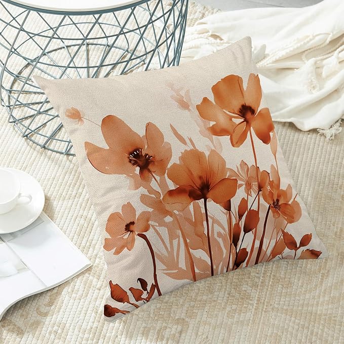 Spring Floral Pillow Covers 18x18 Inches Set of 2,Orange Floral Throw Pillow Covers Outdoor Summer Flower Decoration Pillowcase Farmhouse Decorative Square Linen Cushion Cover for Couch Sofa