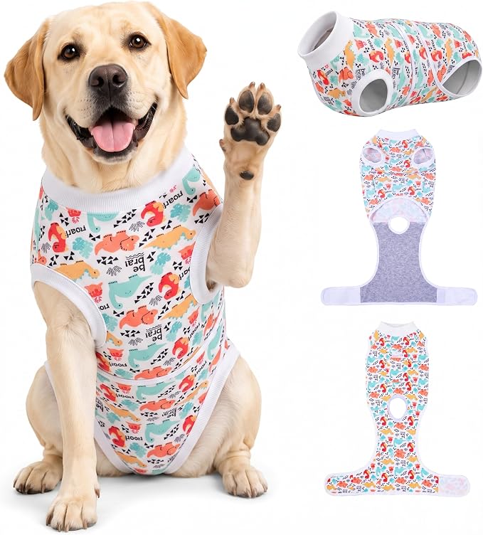 PetWarm Post Neuter Surgery Suit for Dogs, E Collar Alternative for Dogs After Surgery, Anti-Licking Dog Surgery Recovery Suit Dog Bodysuit, Dinosaur Pattern, White, 2XL