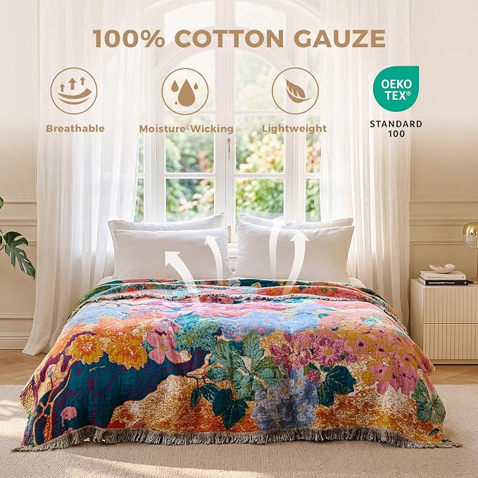 LUTBM Boho Throw Blanket for Bed 60"x80", All Season Cotton Couch Blankets | Reversible Watercolor Floral, Muslin Twin Quilt, For Chair Sofa Living Room, Lightweight & Breathable Gauze, Home Decor Gift