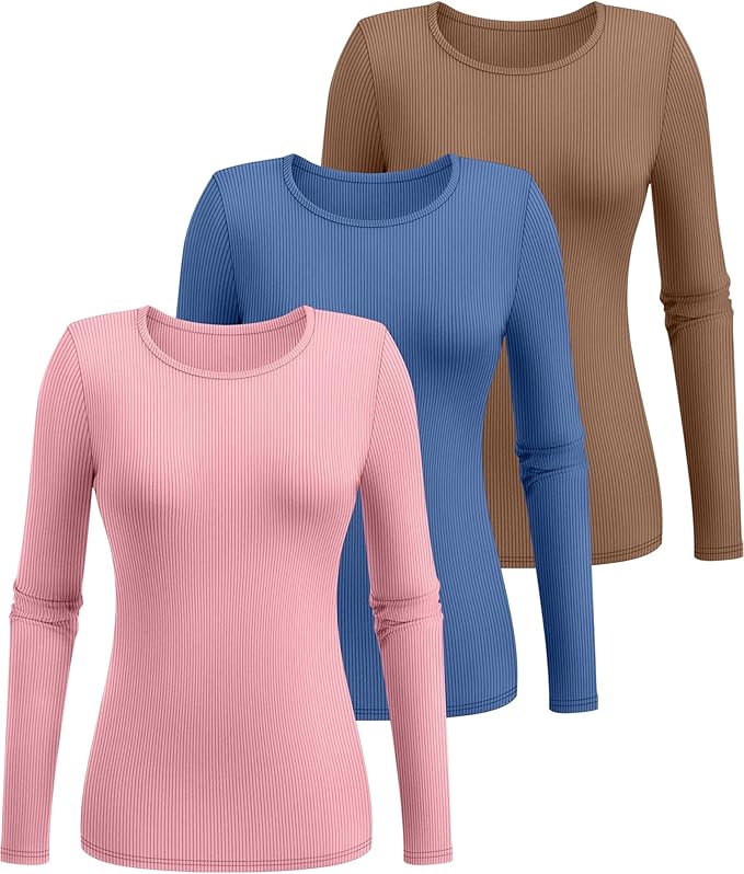 Ficerd 3 Pack Women's Ribbed Long Sleeve Tops, Crew Neck Slim Fit Undershirts Knit Basic Casual Stretch Layering Tee Shirts