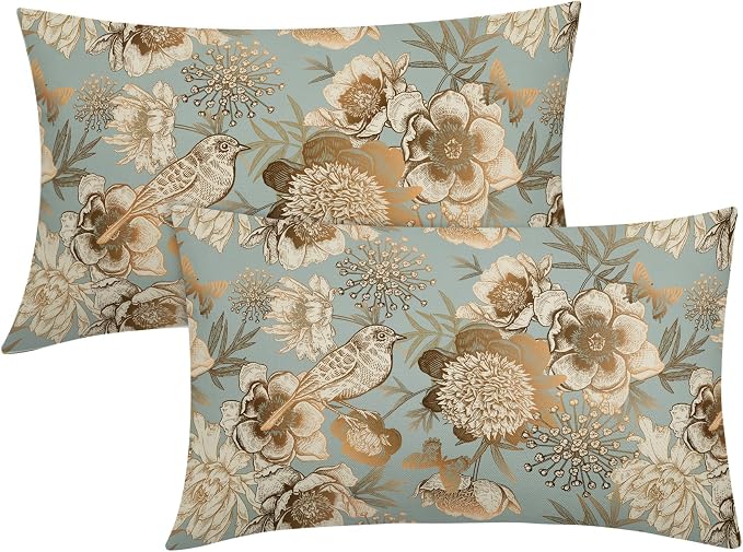 Vintage Floral Lumbar Pillow Covers 12X20 Inch Set of 2 Rose Gold Flowers Bird Butterfly Decorative Pillow Cases Blue Brown Cotton Linen Cushion Case Farmhouse Home Decor For Sofa Couch Living Room