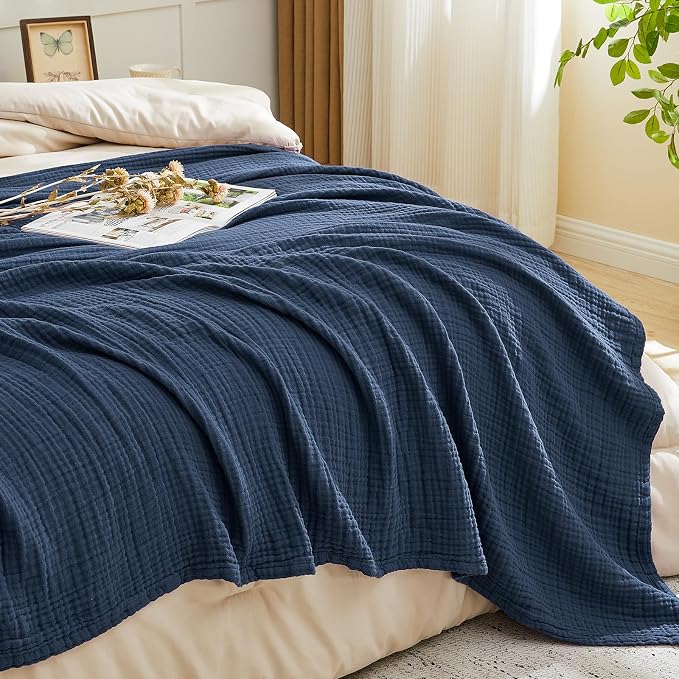 EMME Muslin Blankets for Adults Throw Blanket for Couch Breathable Gauze Soft Lightweight Airy Navy Twin 60" x 80"