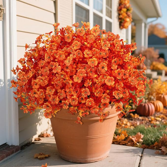 24 Pcs Artificial Fall Flowers for Outdoors, Bright Orange | Lifelike faux mums, silk flower, UV resistant, no-maintenance, for autumn Thanksgiving garden porch yard indoor outdoor decor