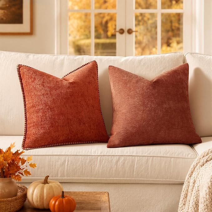 MIULEE Pack of 2 Rust Decorative Fall Pillow Covers 20x20 Inch | Soft Chenille Couch Autumn Throw Pillows Farmhouse Cushion Covers for Home Decor Sofa Bedroom Living Room