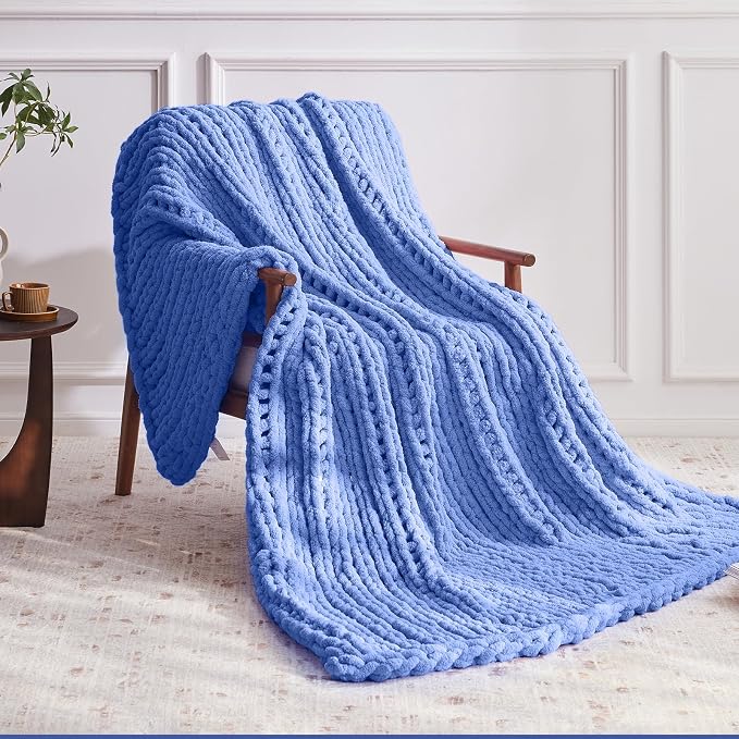 Negwoo Chunky Knit Throw Blanket, Knitted Throw Chenille Yarn, 50"*60" | Soft Thick Cable Knitted Blankets, Handmade Big Thick Blanket, Machine Washable Cute Comfy Blanket for Home Decor, Light blue