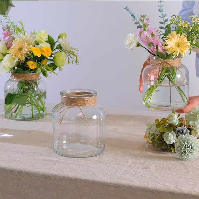 Houmury Glass Vases for Centerpieces Set of 4 Farmhouse 6 Inch Clear Large Vase Utensils Holder with Twine Ties Home Decor for Wedding Living Room Dining Table Office (4)