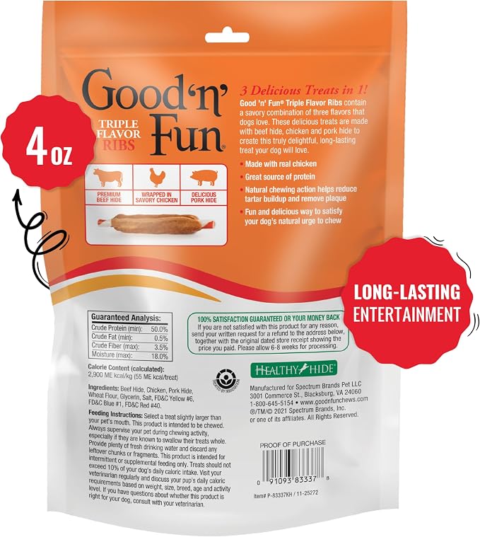 Good 'n' Fun Ribs Long-Lasting Dog Treat Made With Real Protein, 4 oz | Premium Chicken, Pork and Beef Hide Chew, Supports Dental Health and Mental Stimulation, For Adult Dogs