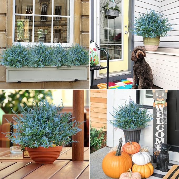 RECUTMS Spring Decoration,Artificial Blue Greenery,Outdoor Fake Flower 36Pc | Fake Shubs stems Outdoor Plants Faux Greenery for Indoor Outside Hanging Plants Garden Porch Window Box Home Farmhouse Décor