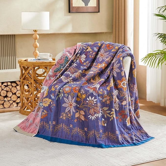 XIBLC Boho Blanket, 100% Cotton Farmhouse Decorative Throw Blanket, 50"x60" Reversible Bohemian Throw Blanket, Purple All Season Muslin Breathable Woven Blankets Quilt