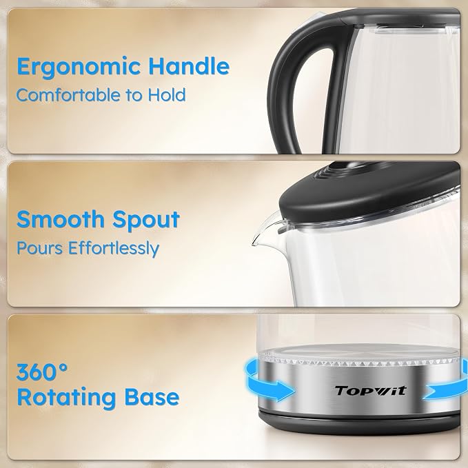 TOPWIT Electric Kettle Glass Hot Water Kettle, 2.0L Water Warmer, BPA-Free Stainless Steel Lid & Bottom, Tea Kettle with Fast Heating, Auto Shut-Off & Boil Dry Protection