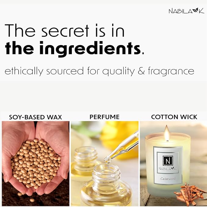 Nabila K - Cedarwood - Soy Candle with Essential Oils - Hand-Poured in USA - Cotton Wick - Aromatherapy - Blend of Cedarwood, Patchouli, Eucalyptus, Vanilla, Lemon, Eucalyptus & More - 3 oz