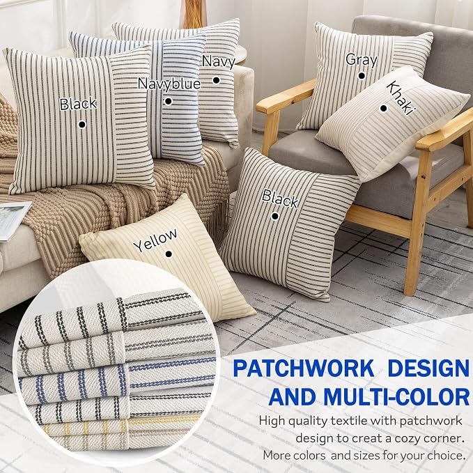 YCOLL Farmhouse Pillow Covers 18x18, Modern Accent Square Throw Pillow Covers Set of 2, Navy and Beige Striped Patchwork Linen Decorative Pillows Cushion Covers for Couch Chair Bedroom Home Decor