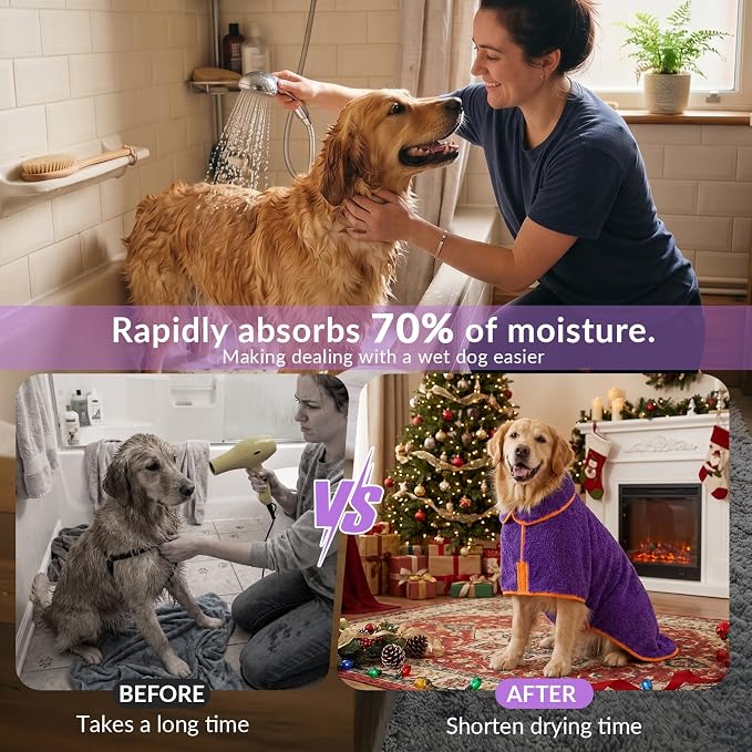 Bienbee Dog Bathrobe, Super Absorbent for Small to Large Dogs, Purple M | Dog Robes with Soft Fleece, Warm & Cozy, Adjustable Fit, and Quick Drying Coat for Baths Swimming and Grooming