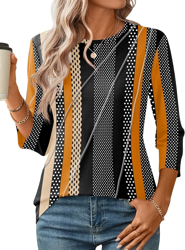 LOMON 3/4 Length Sleeve Womens Tops Spring Summer Fashion 2026 Tops Crew Neck Pleated Shirts Tunic Top Loose Fit
