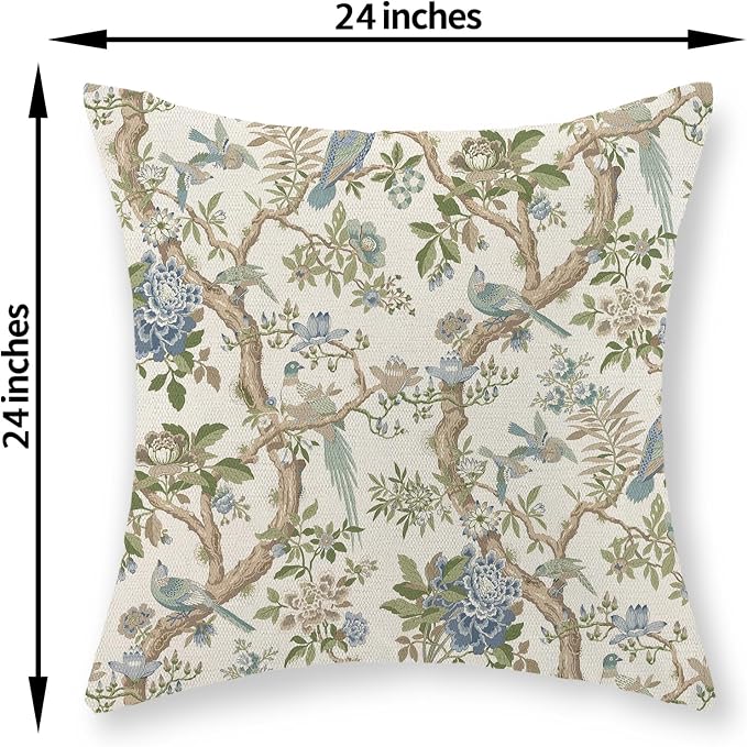 Blue Green Floral Bird Pillow Covers 24x24 Set of 2 Chinoiserie Throw Pillows Green Vintage Flowers Bird Decorative Pillow Cases Outdoor Chinoiserie Decor Farmhouse Cushion Case for Couch Sofa