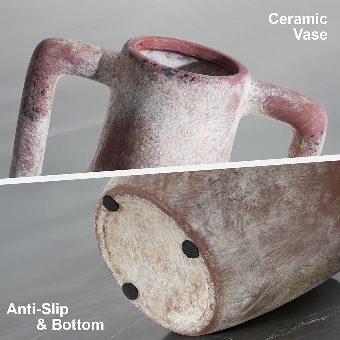 Ceramic Flower Vase with Handles, 12.8 inch Tall Farmhouse Vase Rustic Vases Decorative Pottery Vases Large Floor Vase for Home Decor Living Room Bookshelf Table Centerpiece Fireplace, Terracotta