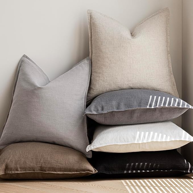 Foindtower Pack of 2, Decorative Linen Solid Throw Pillow Covers Soft Accent Cushion Case Boho Farmhouse Pillowcase for Chair Couch Sofa Bedroom Living Room Home Decor 22 x 22 Inch Light Rustic Gray