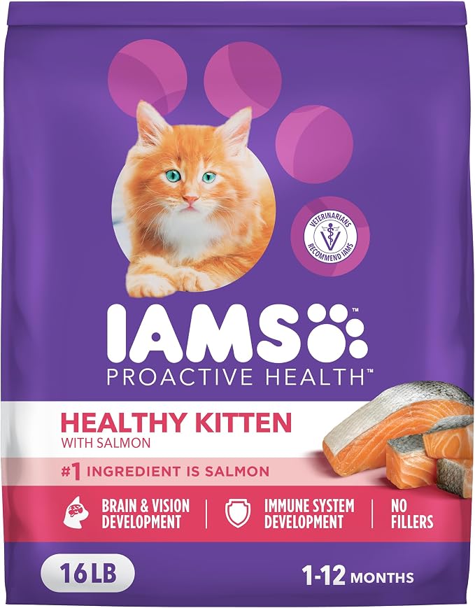 IAMS Proactive Health Healthy Kitten Dry Cat Food, Salmon, 16 lb | Salmon #1 ingredient, DHA omega-3 for brain development, prebiotics & beet pulp, Vitamin E immune support