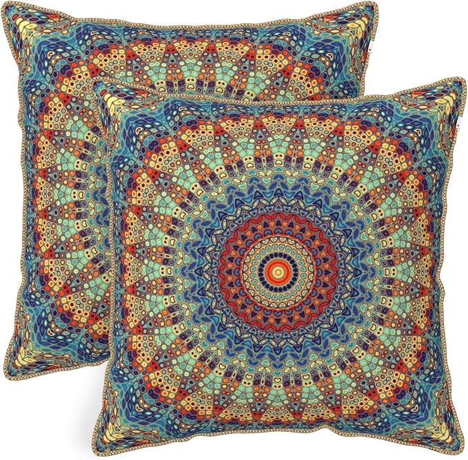 KSLIDS Boho Mandala Floral Soft Velvet Throw Pillow Covers Set of 2 Navy Blue Orange Flower Decorative Pillow Covers 20x20 Inch Abstract Retro Pillow Case for Sofa Couch Outdoor Modern Home Decor