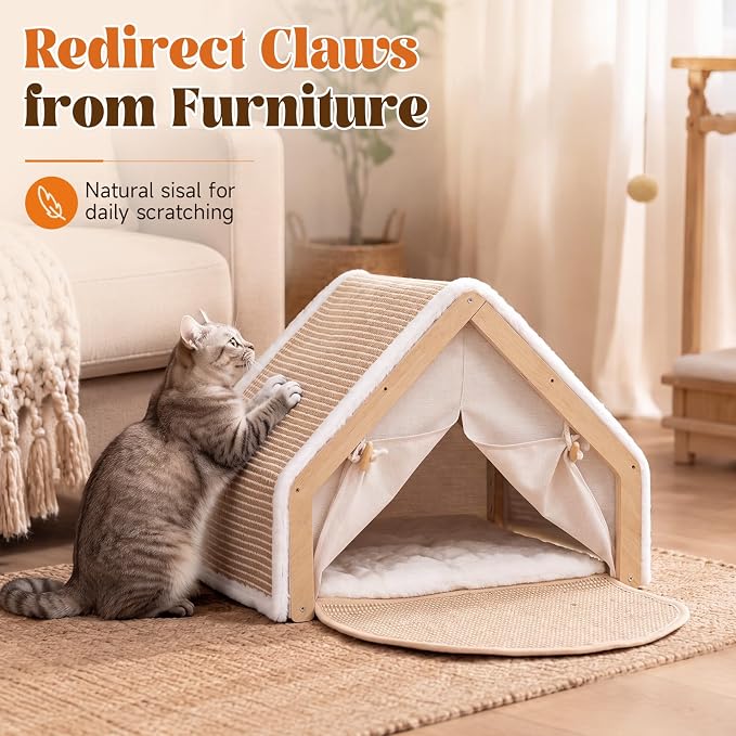 SATINIOR Cat Houses for Indoor Cats with Scratcher Board, Sturdy Wood Frame Cat Bed Cave with Curtains and Floor Scratching Pad Rug, Protect Couch and Carpets
