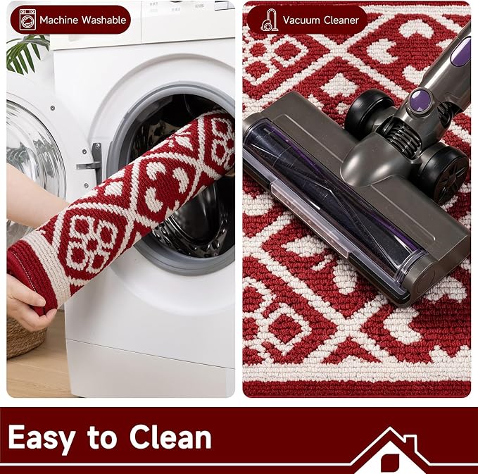 Ileading Christmas Entrance Door Mat, Absorbent Dog Mats for Muddy Paws, Low-Profile Small Red Xmas Decor Kitchen Runner Rug with Non-Slip Backing, Machine Washable Entryway Welcome Mat(Red 24"X36")