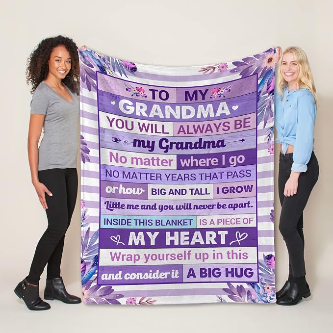 Gifts for Grandma Blanket for Mothers Day – to My Grandma Soft Flannel Fleece Throw Blanket, Cozy Purple Floral Blanket with Loving Message, Birthday Gift from Grandchild 50x60 Inches