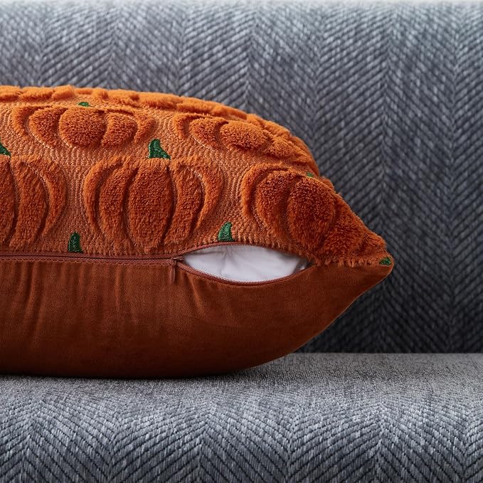 DFXSZ Fall Pillow Covers 18x18 2Pcs Rust Green Pumpkin Fall Decorations | Fall decor Set of 2 Throw Pillow Cases Soft Plush Faux Fur Wool Couch Cushion for Chair Sofa Bedroom Living Room Home Decor
