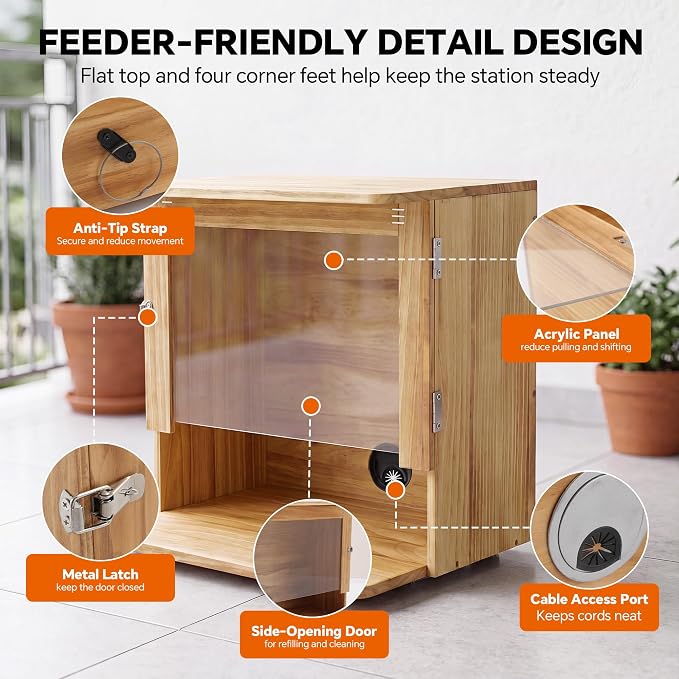 Outdoor Wooden Cat Feeding Station with Wall Anchor | Weather-Resistant, Fits 2 Automatic Feeders or Bowls, 1-Gal Water Dispenser, Cable Port, For Stray, Feral & Community Cats