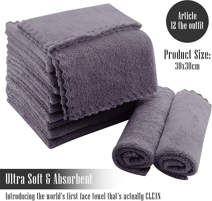 TENSTARS 12 Pack Premium Washcloths Set - Quick Drying- Soft Microfiber Coral Velvet Highly Absorbent Wash Clothes - Multipurpose Use as Bath, Spa, Facial, Fingertip Towel (Grey)