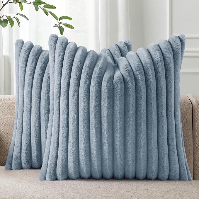Pallene Faux Fur Decorative Throw Pillow Covers 26x26 Set of 2, Blue Grey | Luxury Plush Texture, Striped Design, Cozy Soft Touch, Modern Home Accent Decor for Couch, Sofa, Bed, Living Room