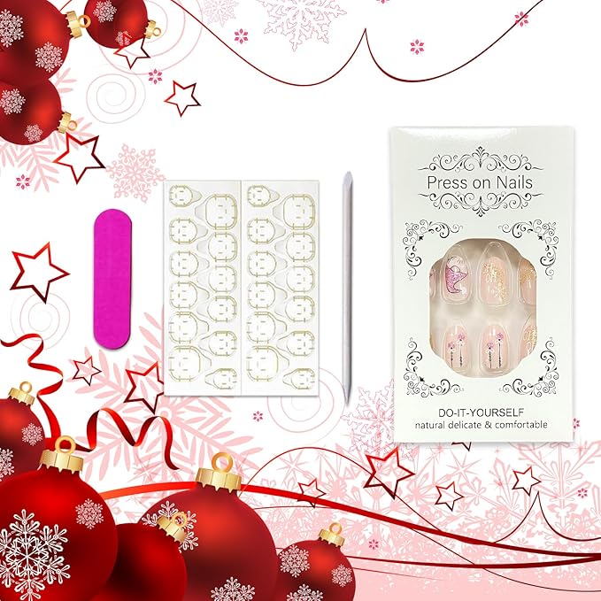 Christmas Glitter Gnome Press on Nails Medium Oval Acrylic False Nails Winter Xmas Snowflake Glue on Nails Glossy Christmas Fake Nails for Women Girls