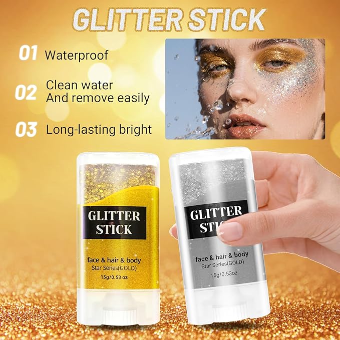 2PCS Face Body Glitter Stick,Gold Silver Hair Glitter Stick for Kids Women,Roll on Body Face Glitter Gel Makeup Hair Accessories,Silver Face Paint,Halloween Singer Concert Party Accessories