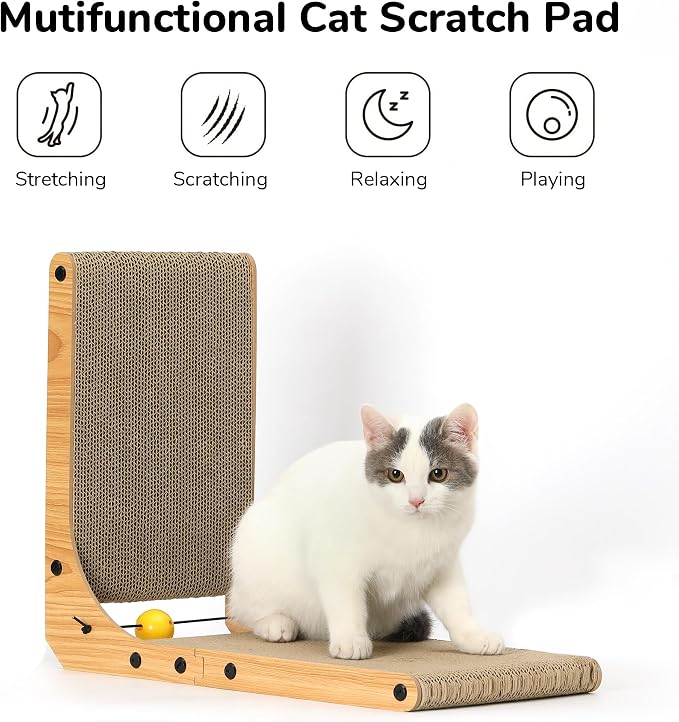 FUKUMARU Cat Scratcher, 18.9 Inch L Shaped Cat Scratch Pad for Indoor Cats | Vertical Cat Scratching Board with Ball Cat Toy, Cardboard Cat Scratcher for Wall Sofa Couch, Kitten Scratching Post