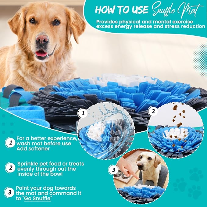 25" Dog Snuffle Mat - Interactive Dog Puzzle Toys for Enrichment - Large Slow Feeder Foraging Mat for Brain Games & Nosework Training - Washable Pet Sniff Mat with Easy to Carry Handle