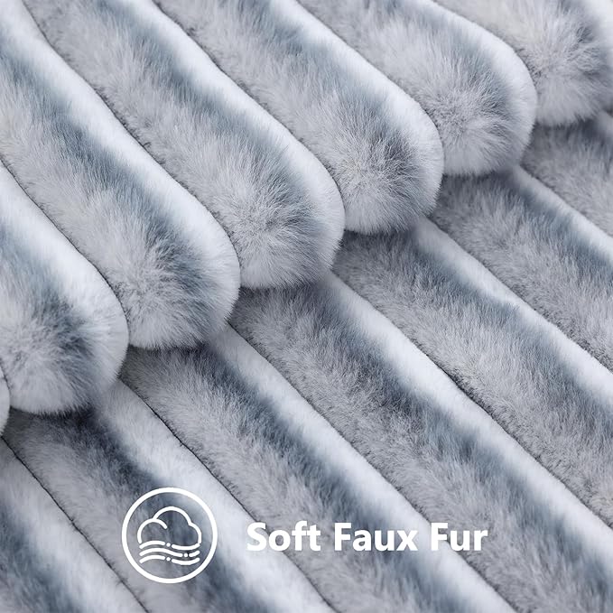 decorUhome Fall Faux Fur Throw Pillow Covers 12x20 Set of 2 Grey White | Decorative Soft Cozy Striped Plush Modern Farmhouse Boho Couch Pillow Cases Velvet Back for Sofa Bed Living Room Home Decor