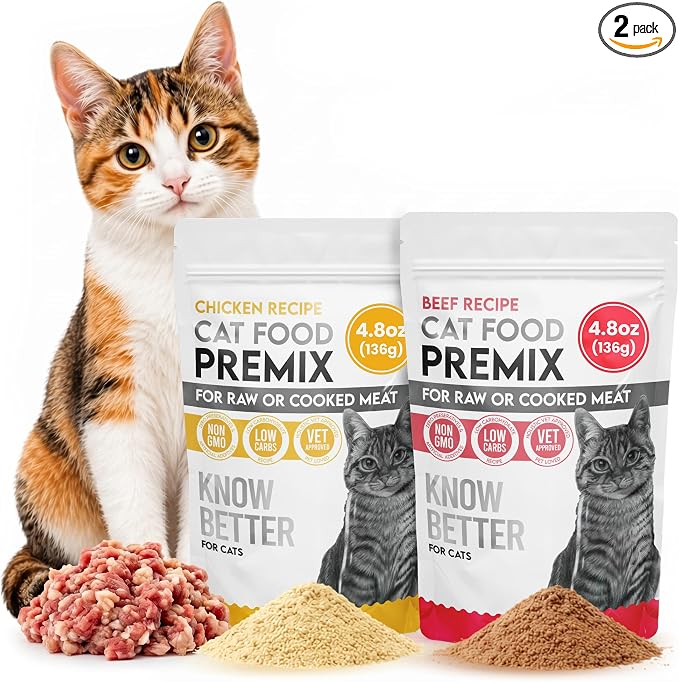 Cat Premix for Homemade Cat Food - Feline Premix for Raw or Cooked Meals with Taurine - Grain Free Meal Completer for Cats - Beef & Chicken Combo Pack - (2 Pack, 4.8 oz Each)