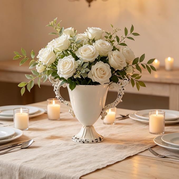 SOFE Shabby Chic White Urn Vases for Table, Small Metal Flower Vase 8" H | Distressed White Design, Lightweight, Suit for Holding Fresh Flowers, Dried Arrangements, Weddings, Housewarming Parties