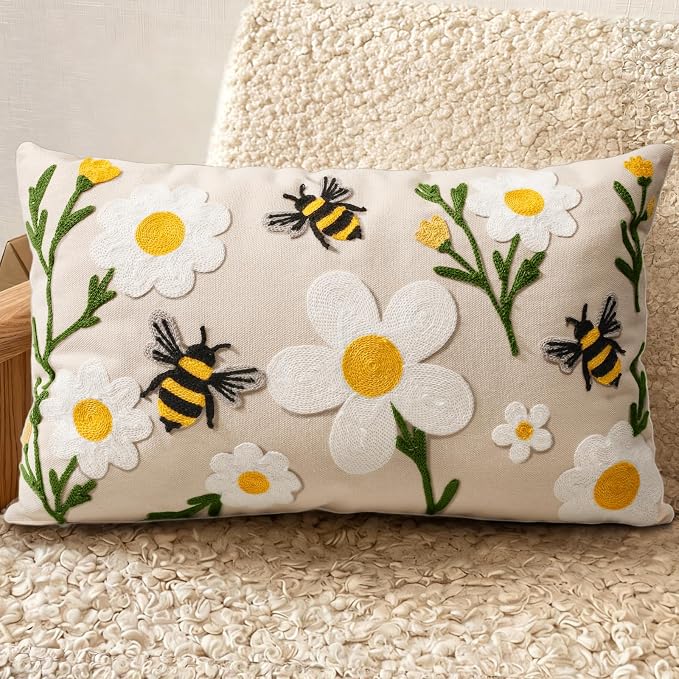 Embroidered Lumbar Pillow Cover 20x12 Inch, Flower Bee | Decorative Throw Pillow Cover, Floral Farmhouse Cushion Case with Hidden Zipper, Home Decor for Couch, Sofa, Living Room